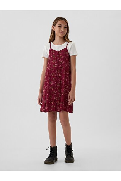 GAP Kız Çocuk Kırmızı Çiçek Desenli Düğmeli Slip Elbise