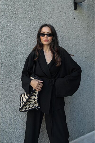 Havoş Shawl Collar Black Kimono and Pants Set