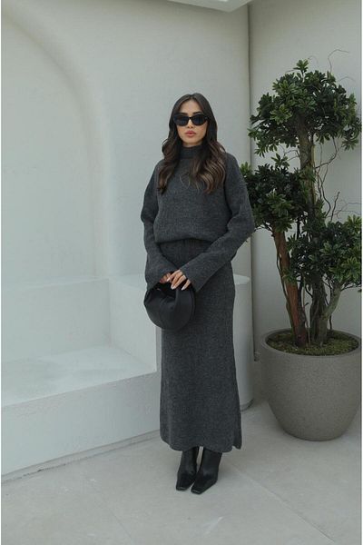 Havoş Anthracite Knitted Fisherman Sweater Skirt Set