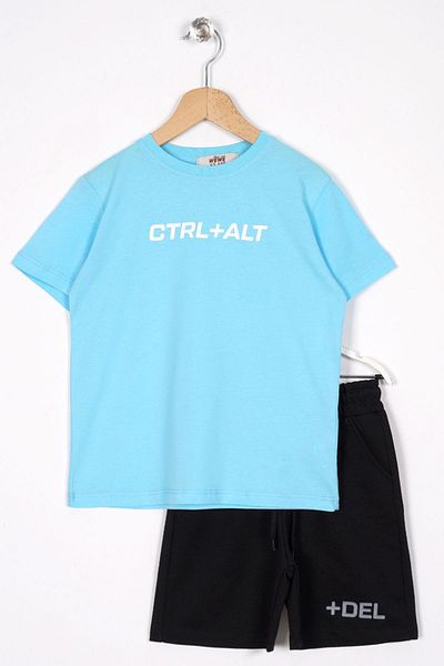 zepkids Set pantaloni scurți pentru băiat de culoare albastră, cu mânecă scurtă, cu buzunare imprimate