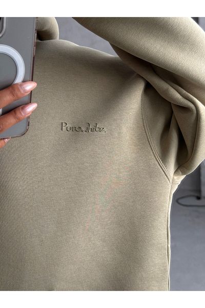 Cappmoda SWT-14266 Χακί καθαρό λευκό κείμενο με κουκούλα με τρεις κλωστές ράστερ φούτερ
