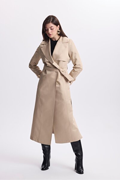 Zühre Kruvaze Yaka Düğme Detaylı Bej Trençkot 13532