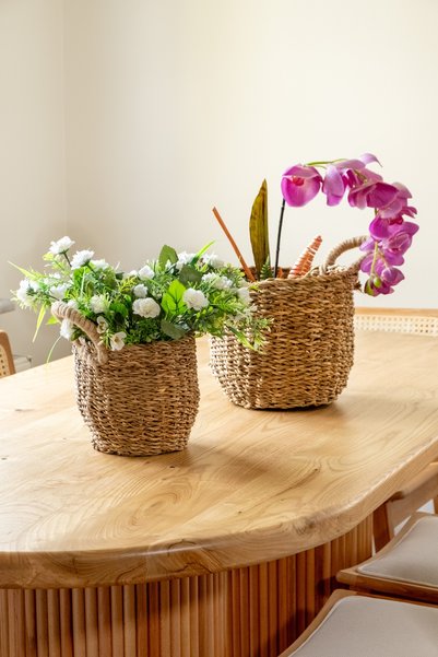 AVANTAGE HOME Marie - Decorative Natural Hand Knitted Wicker 3-Piece Flower Pot Basket Set with Handles