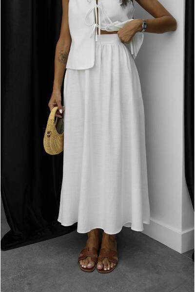 Havoş Ecru Scallop Blouse and Skirt Set - Stripe Detailed