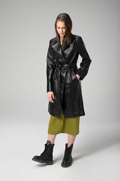 Dericlub Paris Women &Apos; S Black Trench Coat with Double Breasted Neckline, Genuine Leather and Belt
