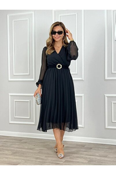 Femella Women Fashion Kadın Şifon Kumaş Astalı Kloş Kesim Kruvaze Yaka Midi Boy Kışlık Elbise