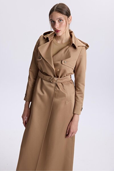 Zühre Kapüşonlu Düğme Detaylı Camel Trençkot 13533