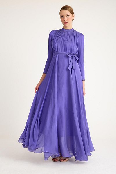 Olcay Ausgestelltes Kristall-Chiffonkleid mit Falten vorne LILA 4939-E