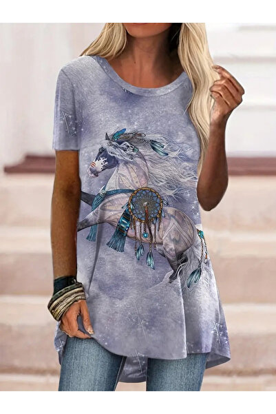 Kokosh moda Γυναικεία κοντομάνικη λαιμόκοψη με μυθολογική φιγούρα αλόγου με ε...