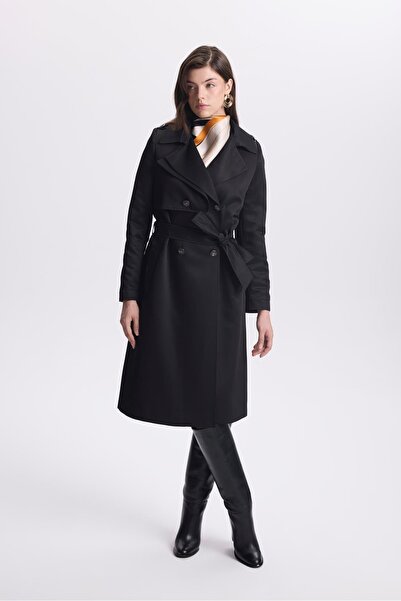 Zühre Kruvaze Yaka Düğme Detaylı Siyah Trençkot 13548