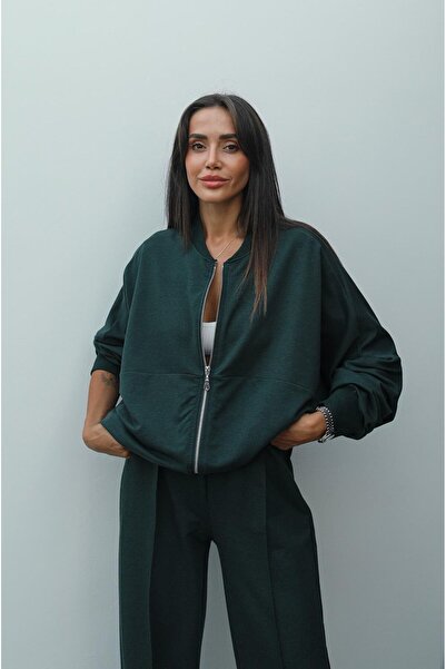 Havoş Faye Emerald Green Zippered Sweatshirt and Sweatpants Set