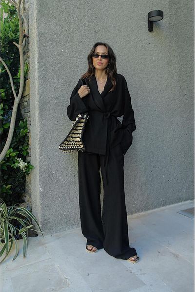 Havoş Shawl Collar Black Kimono and Pants Set