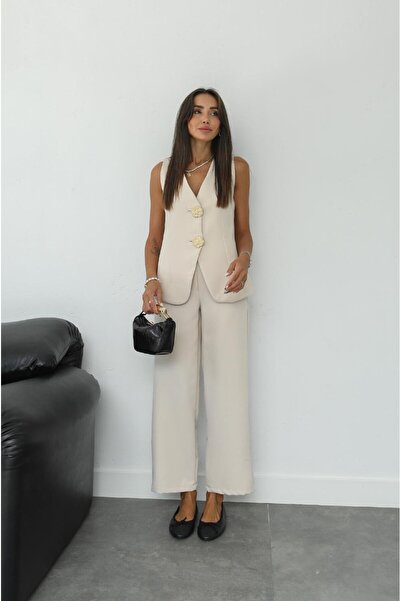 Havoş Stone Color Large Gold Buttoned Vest Trousers Set