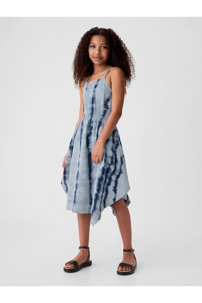 GAP Kız Çocuk Mavi Batik Desenli Crinkle Gauze Elbise