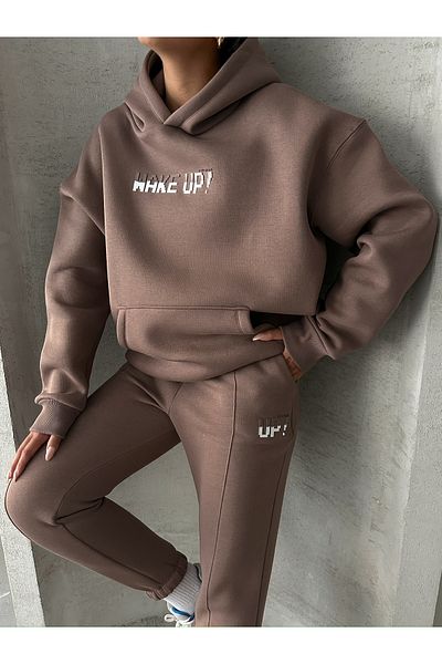 Cappmoda TKM-03630 Φούτερ με καφέ κουκούλα - Φούτερ Jogger με ανάγλυφο Wake Up, Φούτερ Jogger με τρία νήματα