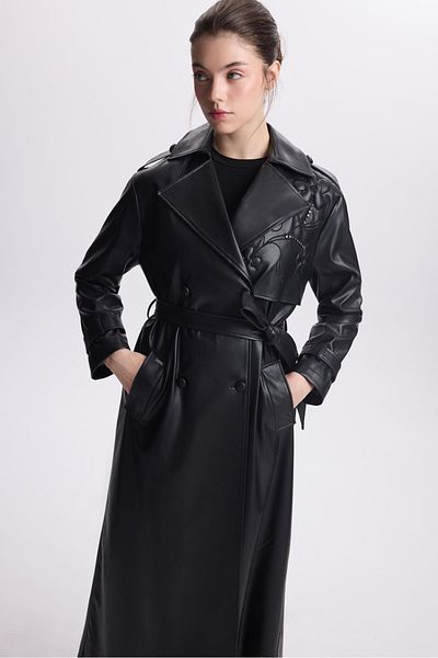 Zühre Black Leather Trench Coat 13526 - Embroidered and Stone Detailed