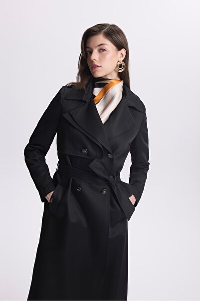 Zühre Kruvaze Yaka Düğme Detaylı Siyah Trençkot 13548