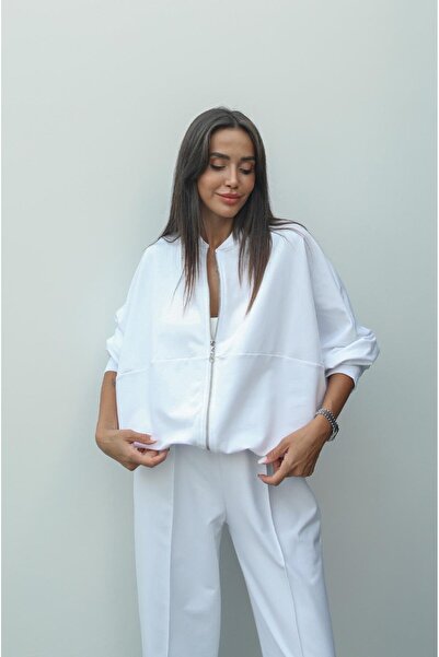 Havoş Faye White Zippered Sweatshirt and Tracksuit Set