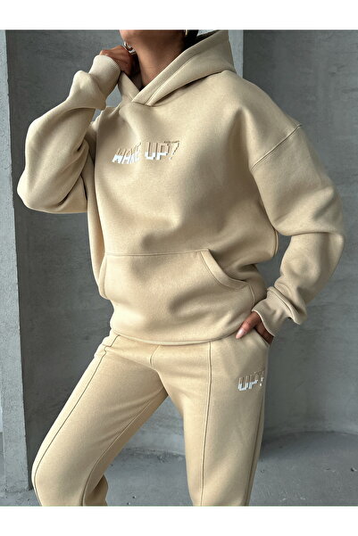 Cappmoda Tkm-03630 Mink Wake up Embossed Printed Hooded Sweatshirt Jogger Tracksuit Three Thread Raster Double