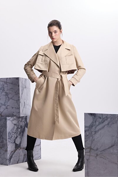 Zühre Kruvaze Yaka Cep Detaylı Yelekli Bej Trençkot 13536