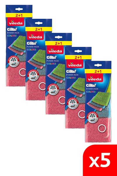 Vileda Power Inox Colors 5 Pack of 3 Steel and Dish Sponge