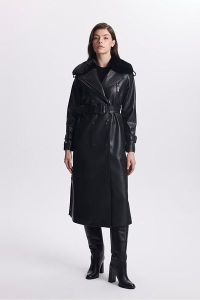 Zühre Leather Black Trench Coat - Fur Collar, Zipper Detail, 13527
