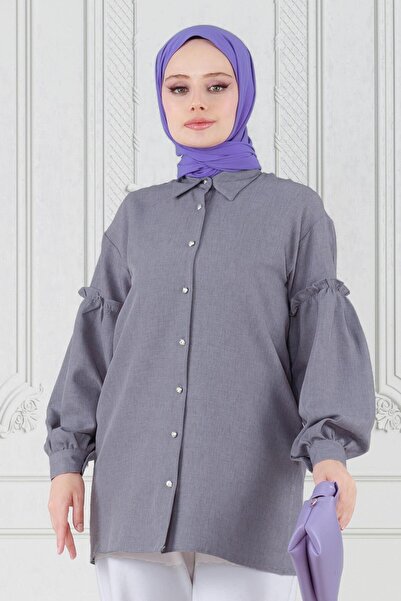 Sevitli Gray Tunic - Sleeve Ruffle Detailed