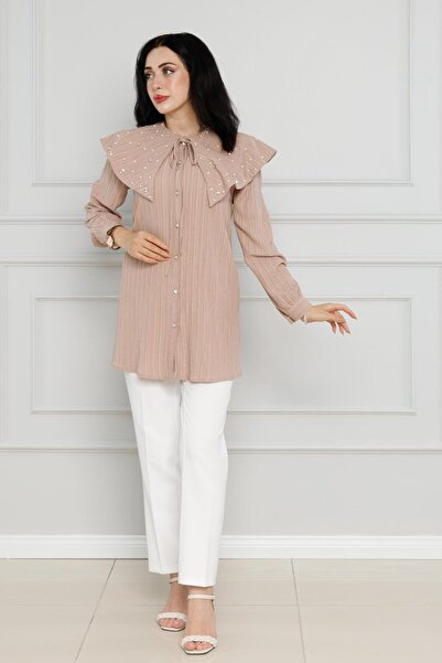 Sevitli Mink Tunic - Wide Collar and Pearl Detail