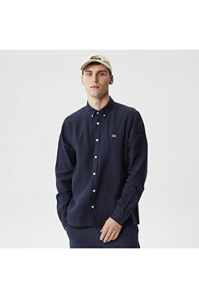 Lacoste Erkek Regular Fit Düğmeli Yaka Keten Lacivert Gömlek