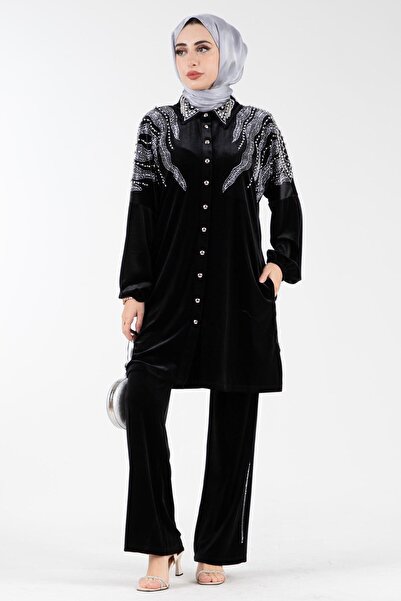 Sevitli Costum din catifea cu guler și umăr brodat-negru
