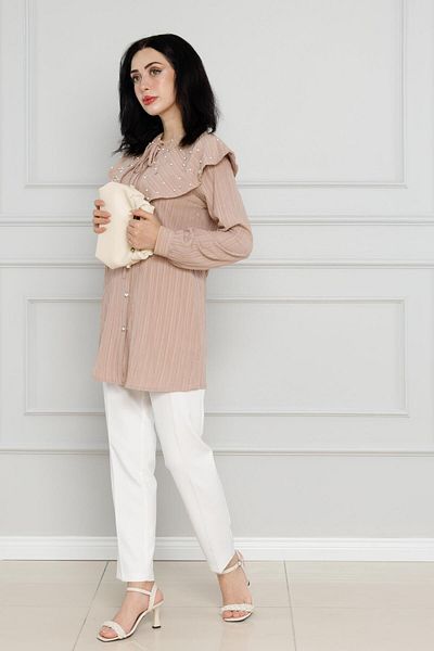 Sevitli Mink Tunic - Wide Collar and Pearl Detail