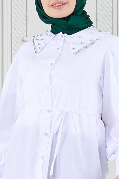 Sevitli White Stone Craft Collar Tunic