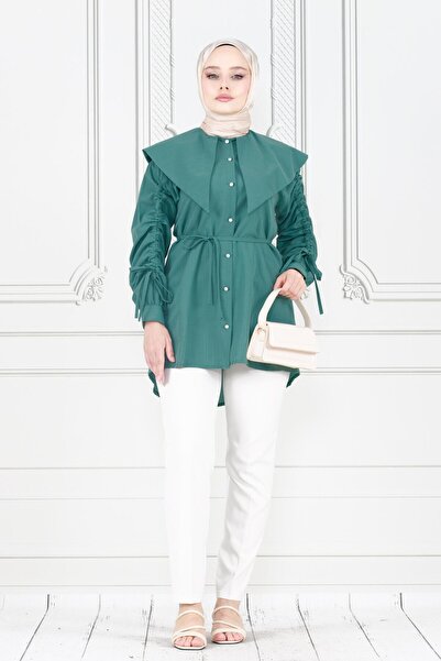 Sevitli Μεγάλος γιακάς πράσινου μέντας και χιτώνας με λεπτομέρειες