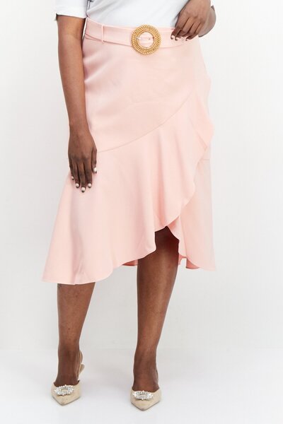 Forever New Women Curve Fit Plain Belted Midi Skirt, Pink