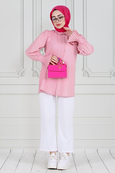 Sevitli Pink Tunic - Rose Brooch and Ruffle Sleeve