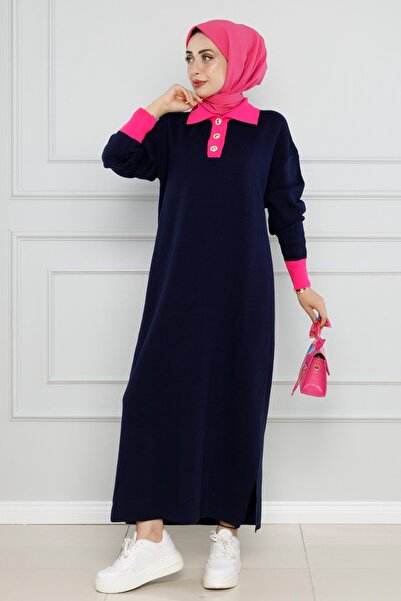Sevitli Navy Blue Polo Collar Knitwear Dress - Three Buttons