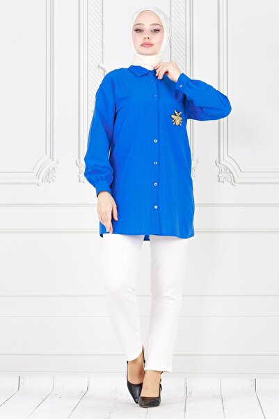 Sevitli Μπλε λινό τουνίκ - Τσέπη με λεπτομέρεια μέλισσας