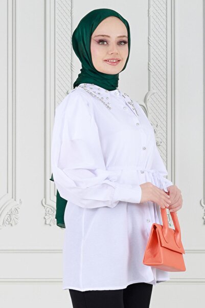 Sevitli White Stone Craft Collar Tunic