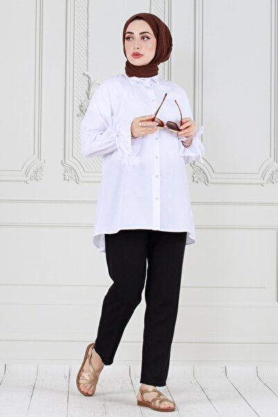 Sevitli Tunic with Pleated Back and Gathered Sleeves-White