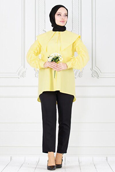 Sevitli Yellow Tunic - Large Collar and Gather Detailed Sleeve