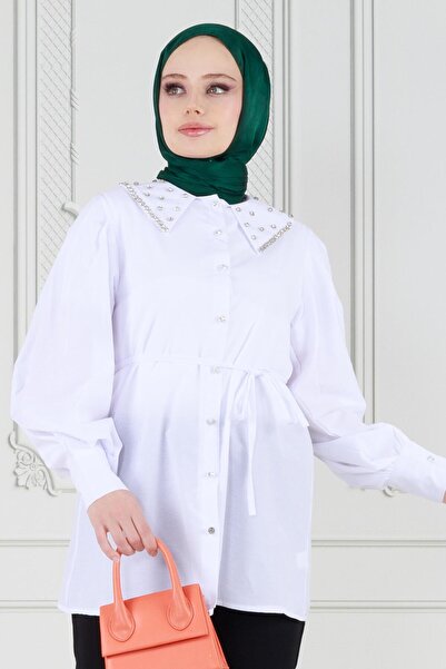 Sevitli White Stone Craft Collar Tunic