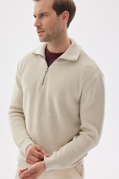 odelon Cream Colored Men's Knitwear Sweater - Thessaloniki Knit, Half Zipper, Regular Fit, Cotton