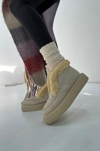 inizio Γυναικείες Μπότες Beige Suede Shearling V4266