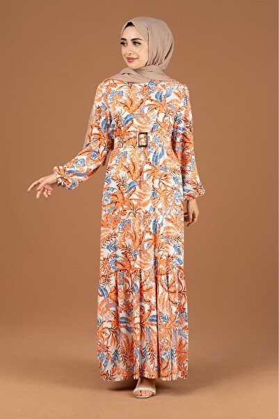 Sevitli Φόρεμα με ζώνη με μοτίβο παλάμης-πορτοκαλί