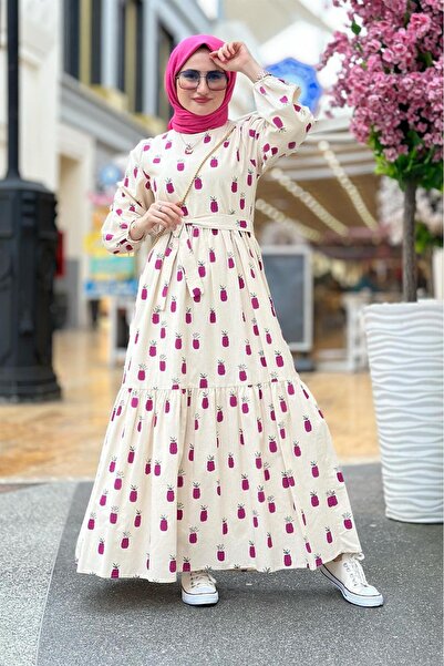 Sevitli Λινό ύφασμα με μοτίβο ανανά Μακρύ Φόρεμα-Λιλά