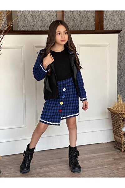 KOKOŞ BEBEK Girl's Button Detailed T-Shirt Including Skirt Jacket Set |   Between 2/5 Years