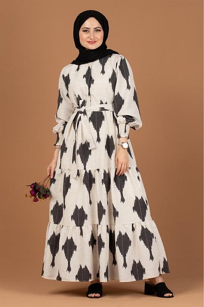 Sevitli Waist Belted Attention Pattern Dress-black