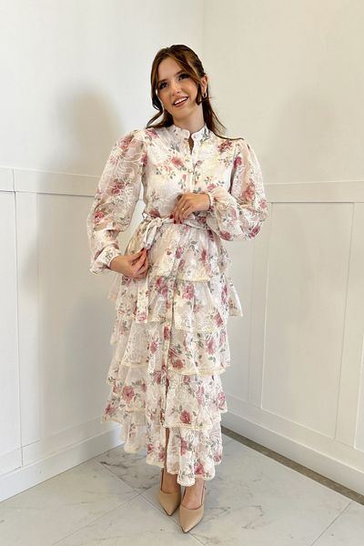 HELİS BUTİK Powder Colored Embroidery Flounced Dress
