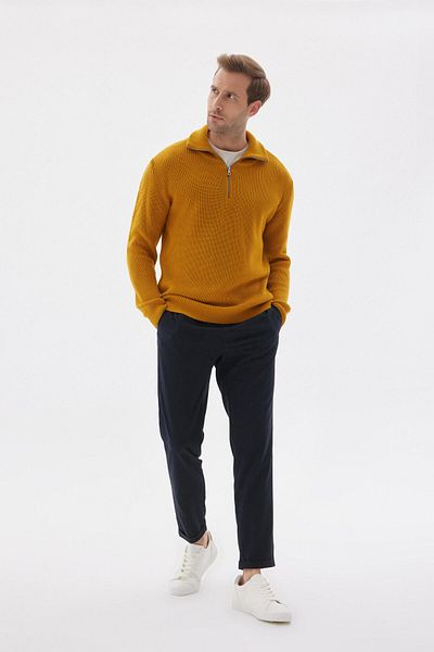 odelon Saffron Colored Men's Knitwear Sweater - Half Zipper, Cotton, Regular Fit