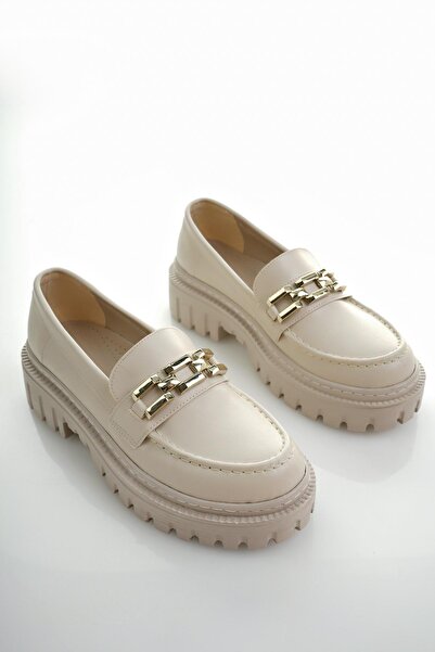 MUGGO Samantha Garantili Kadın Loafer Kalın Taban Tokalı Günlük Casual Makosen Ayakkabı